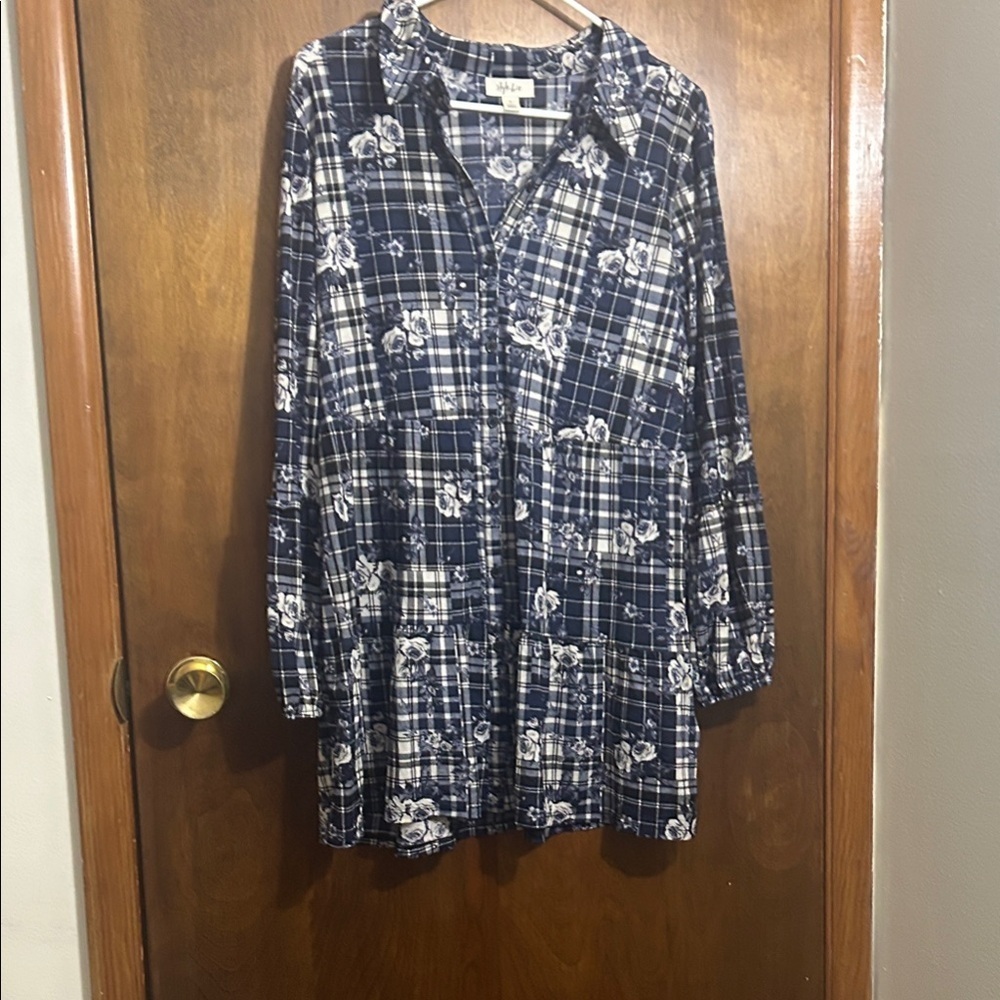 Style & Co. Navy and White Plaid Long Sleeve Dress